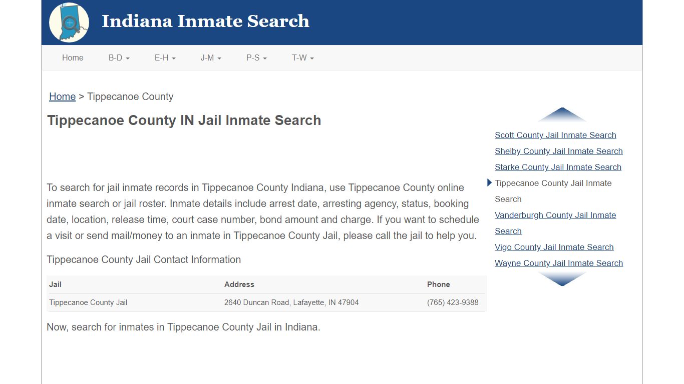 Tippecanoe County IN Jail Inmate Search